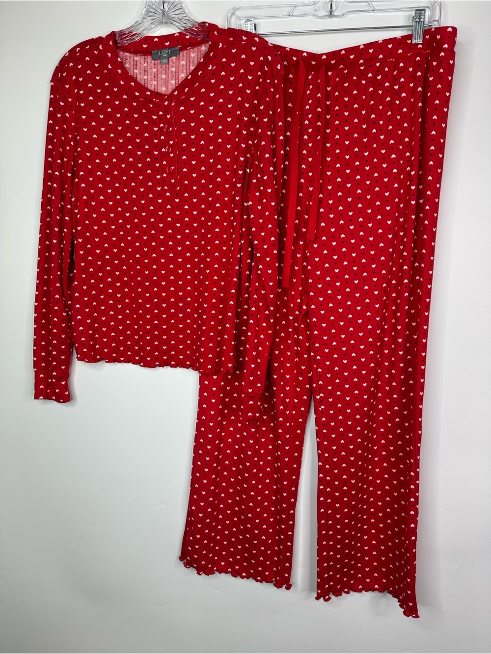 Loft Two-Piece Henley Pointelle Heart Print Pajama Set Size Large